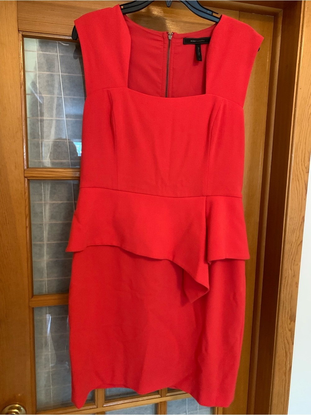 BCBGMaxAzria Coral-Red Peplum Midi Dress